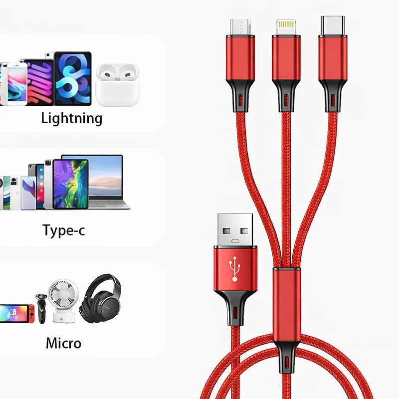 3-in-1 Fast Charging Cable for Phones & Tablets
